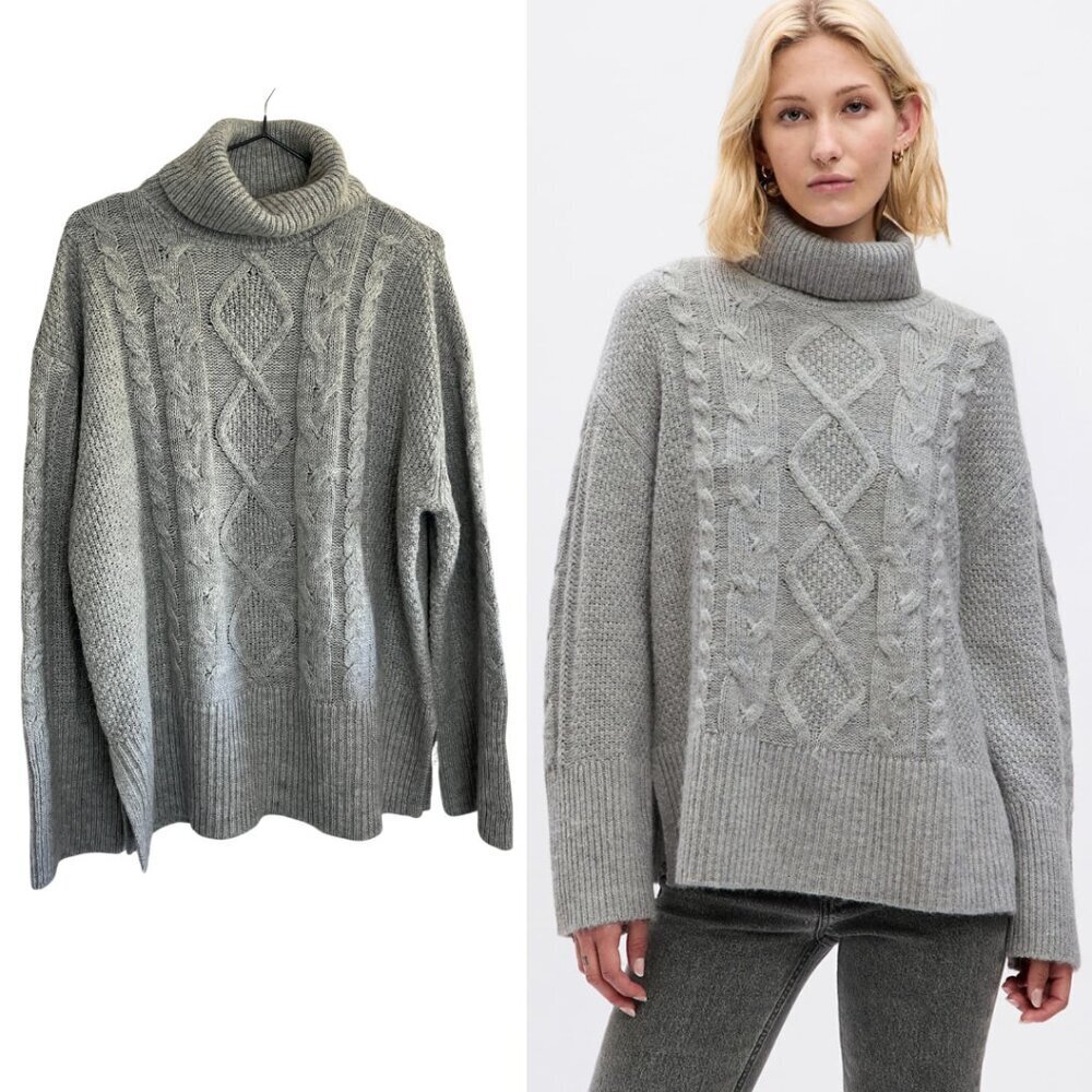 Gap Light Heather Grey 24/7 Split-Hem Wool Alpaca Cable Knit Turtleneck Sweaterf